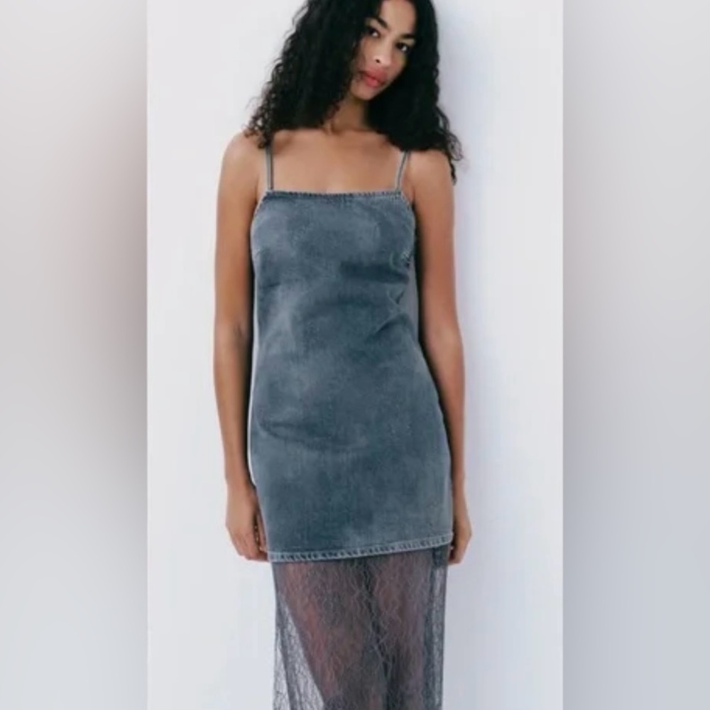 ZARA Lace Trim Denim Dress, NWT